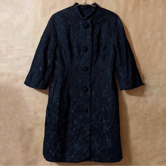 Neiman Marcus Vintage Brocade Floral Jacquard Coat Peacoat Evening Black Size M - Picture 1 of 13